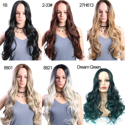 wholesale Hot Sale Long Ombre Green Wavy Wig Cosplay Daily Party Synthetic Wigs For Black Women High Temperature Hair Wig